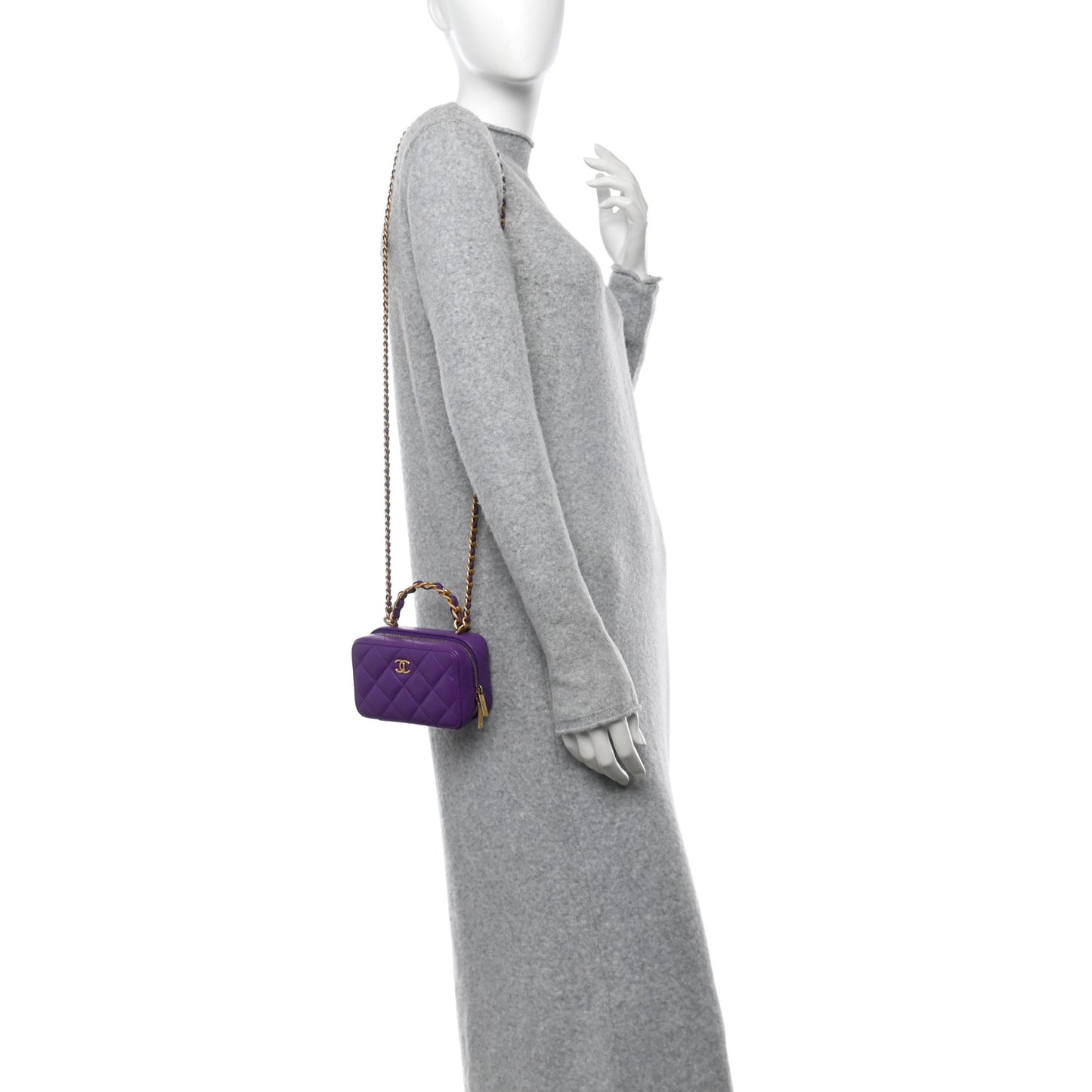 Lambskin Quilted Top Handle Mini Vanity Case Purple