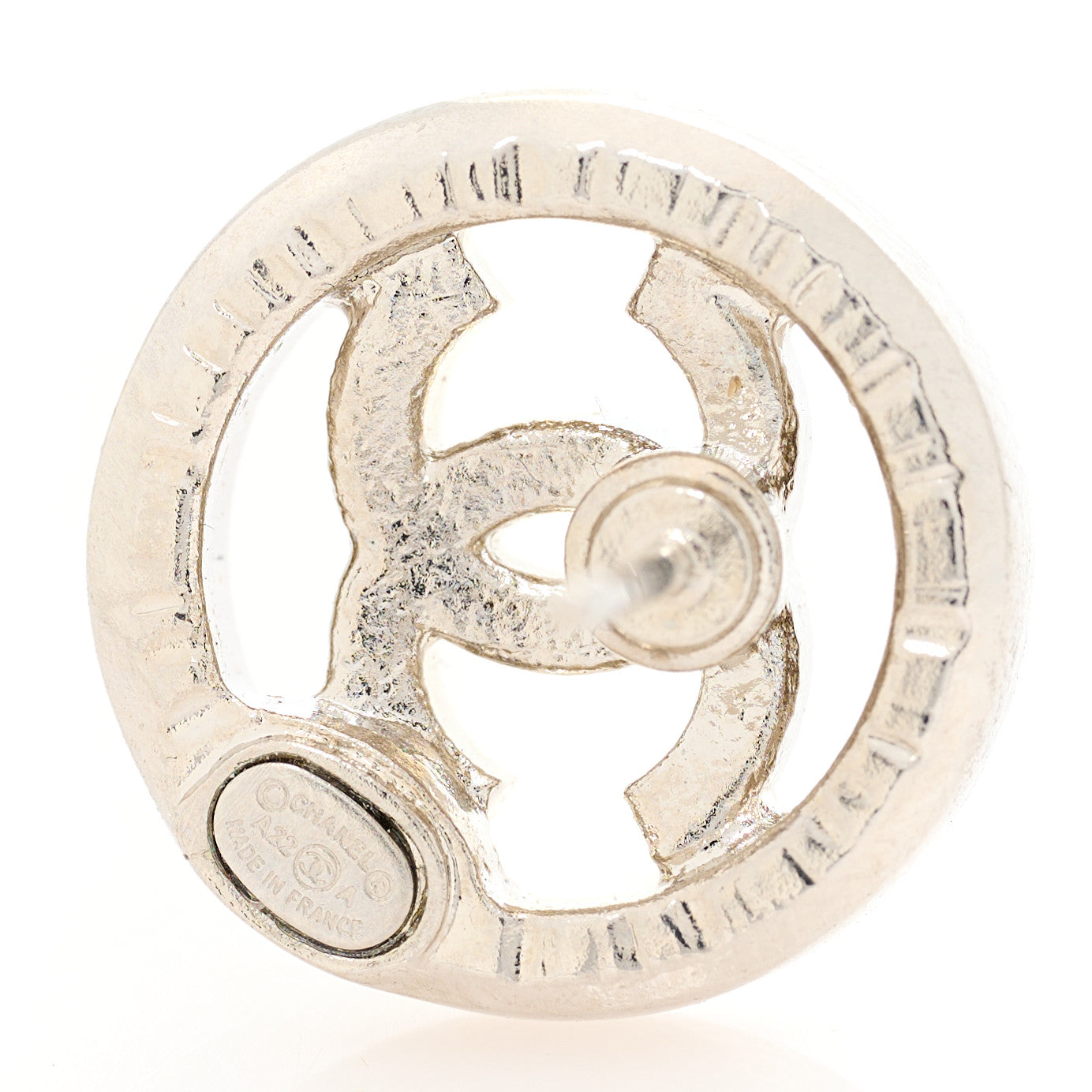 Chanel Metal Crystal Textured CC Round Earrings Silver 3 of 3