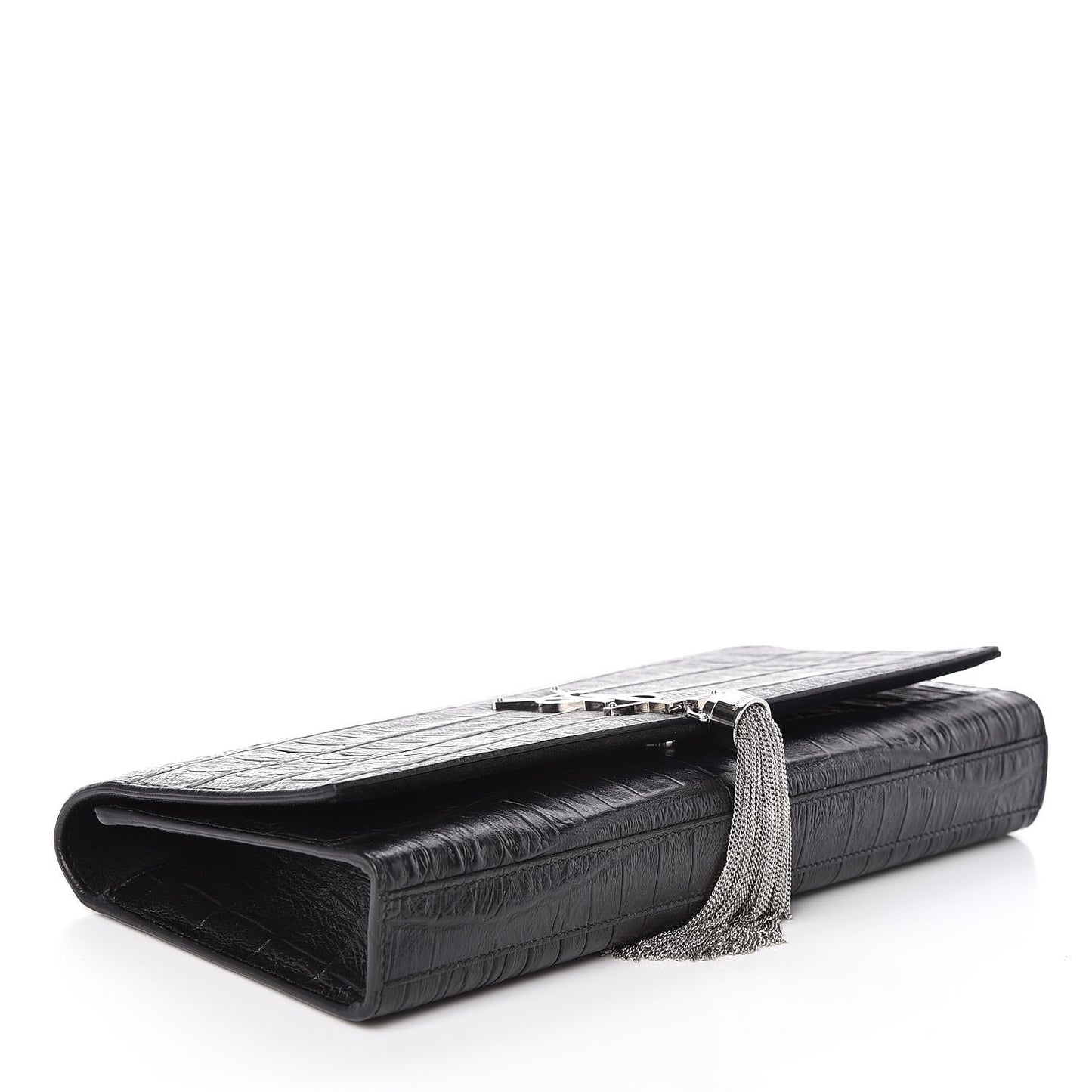 Calfskin Crocodile Embossed Classic Monogram Tassel Clutch Black