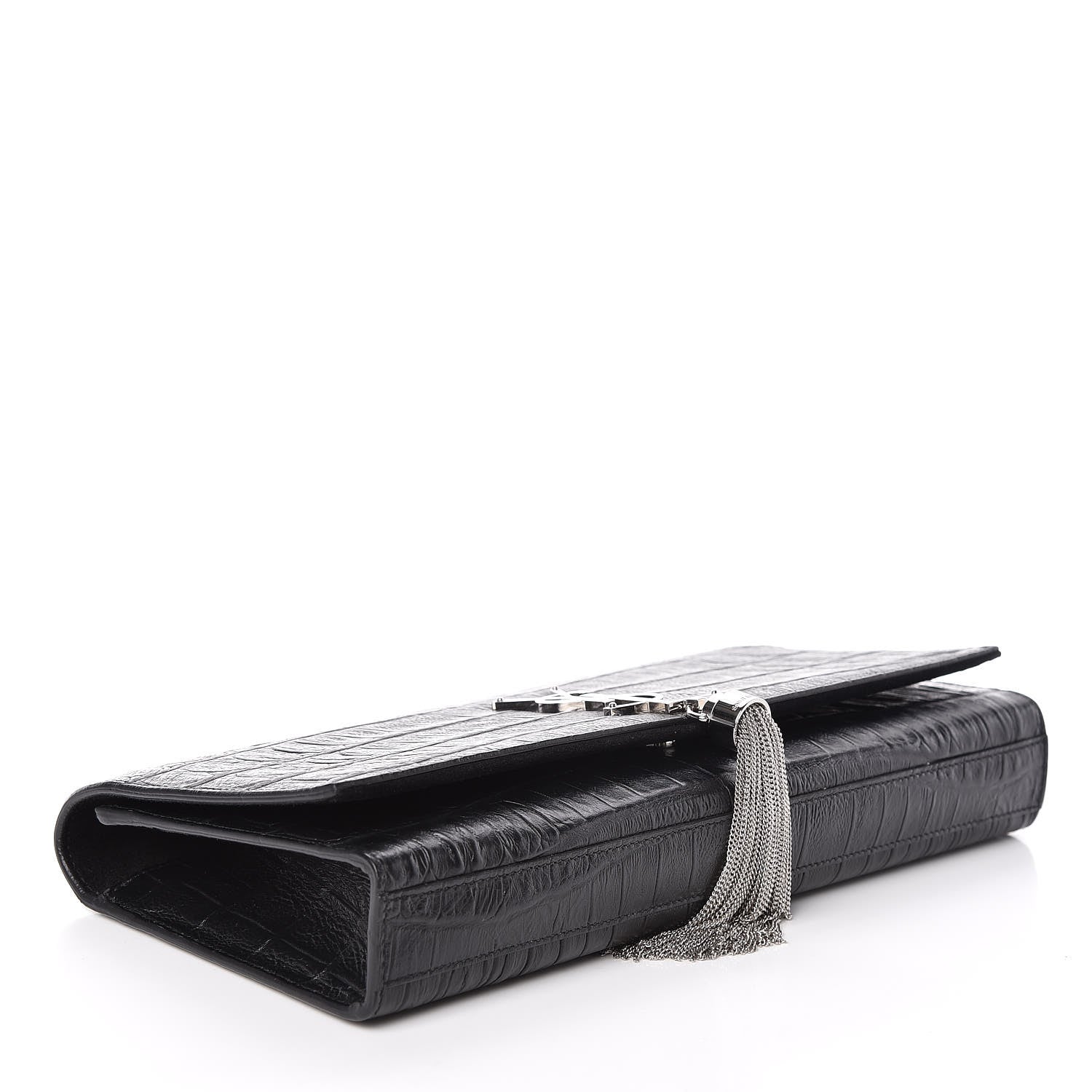 Saint Laurent Calfskin Crocodile Embossed Classic Monogram Tassel Clutch Black 4 of 6