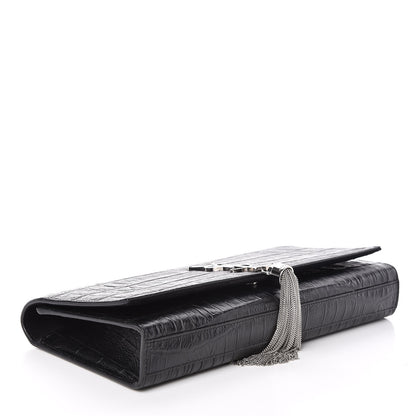 Saint Laurent Calfskin Crocodile Embossed Classic Monogram Tassel Clutch Black 4 of 6