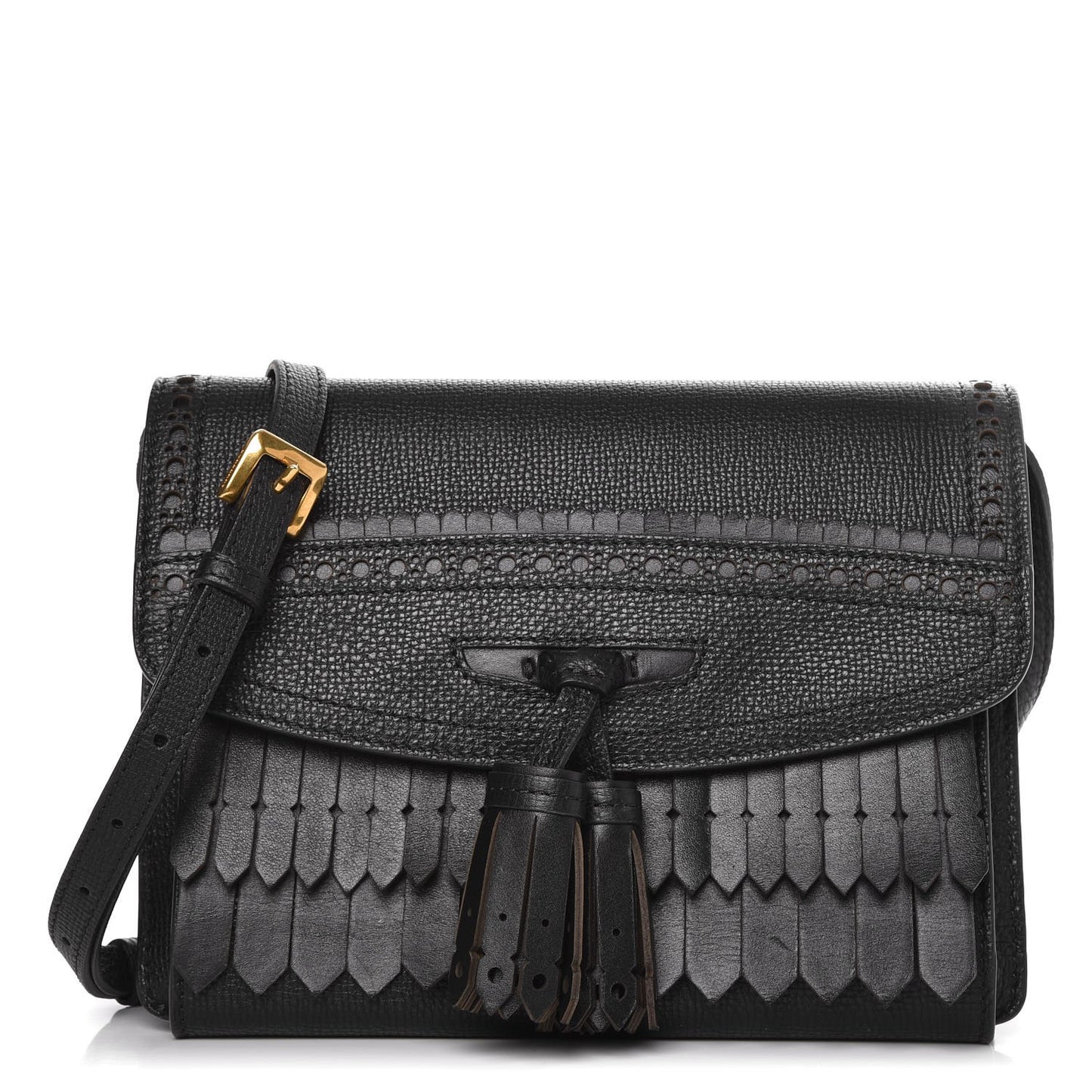 Grainy Calfskin Broguing Tassel Small Macken Crossbody Bag Black