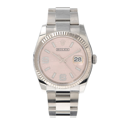 Rolex Stainless Steel 18K White Gold Diamond 36mm Oyster Perpetual Datejust Watch Pink Wave 116234 1 of 4