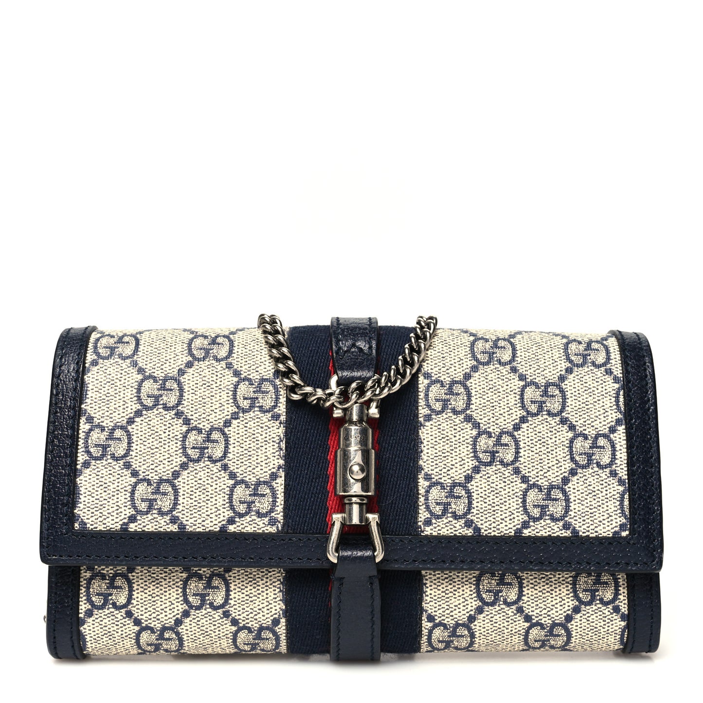 GG Supreme Monogram Textured Dollar Calfskin Web Jackie 1961 Chain Wallet Beige Blue