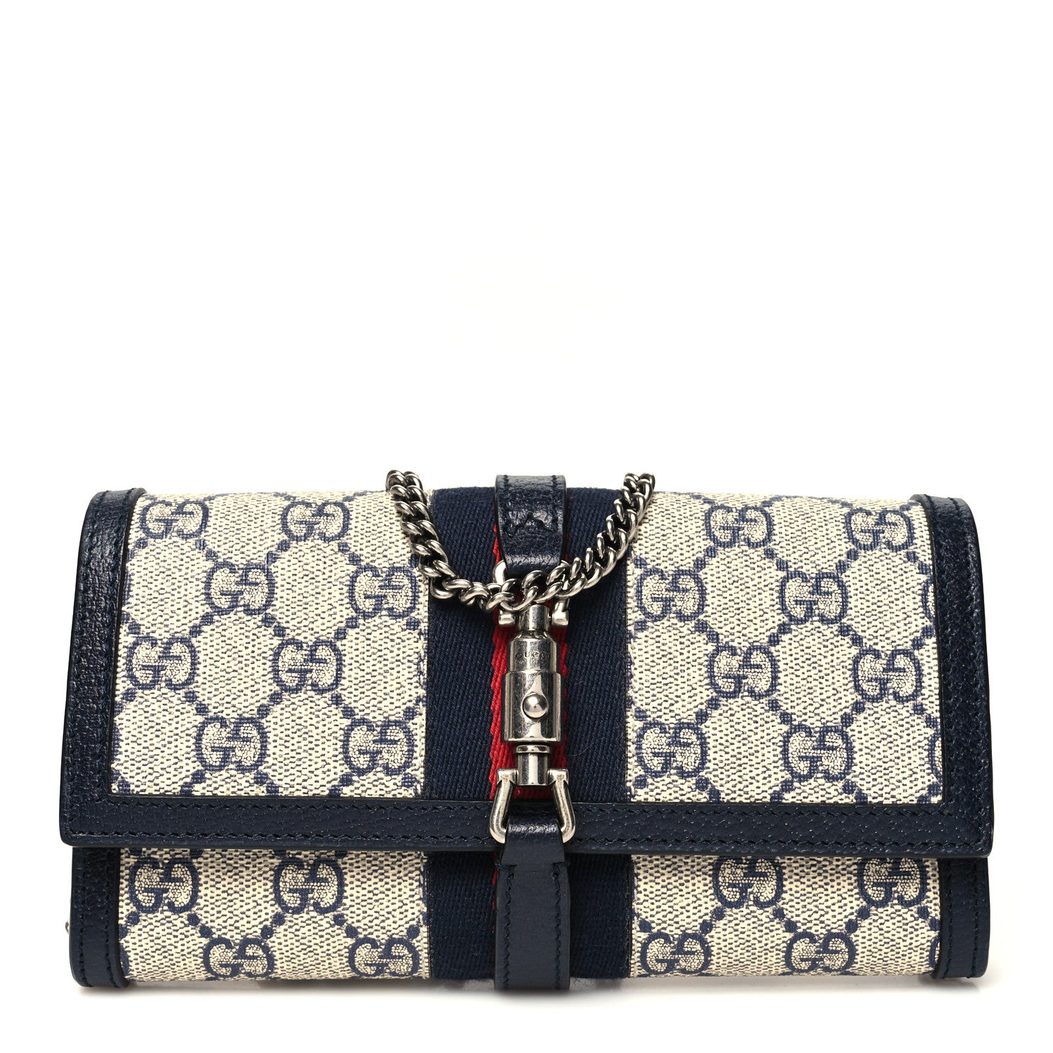 Gucci GG Supreme Monogram Textured Dollar Calfskin Web Jackie 1961 Chain Wallet Beige Blue 1 of 9