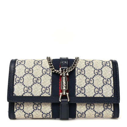 Gucci GG Supreme Monogram Textured Dollar Calfskin Web Jackie 1961 Chain Wallet Beige Blue 1 of 9
