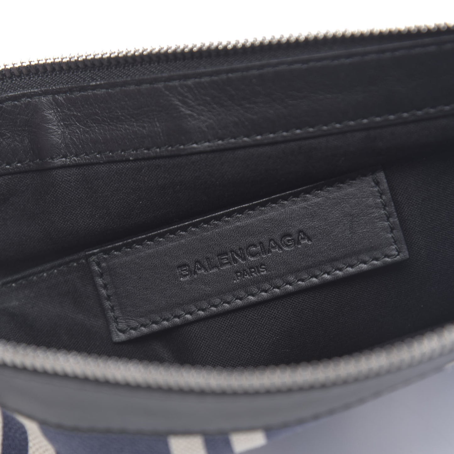 Calfskin Cotton Canvas Striped Logo Clutch Navy