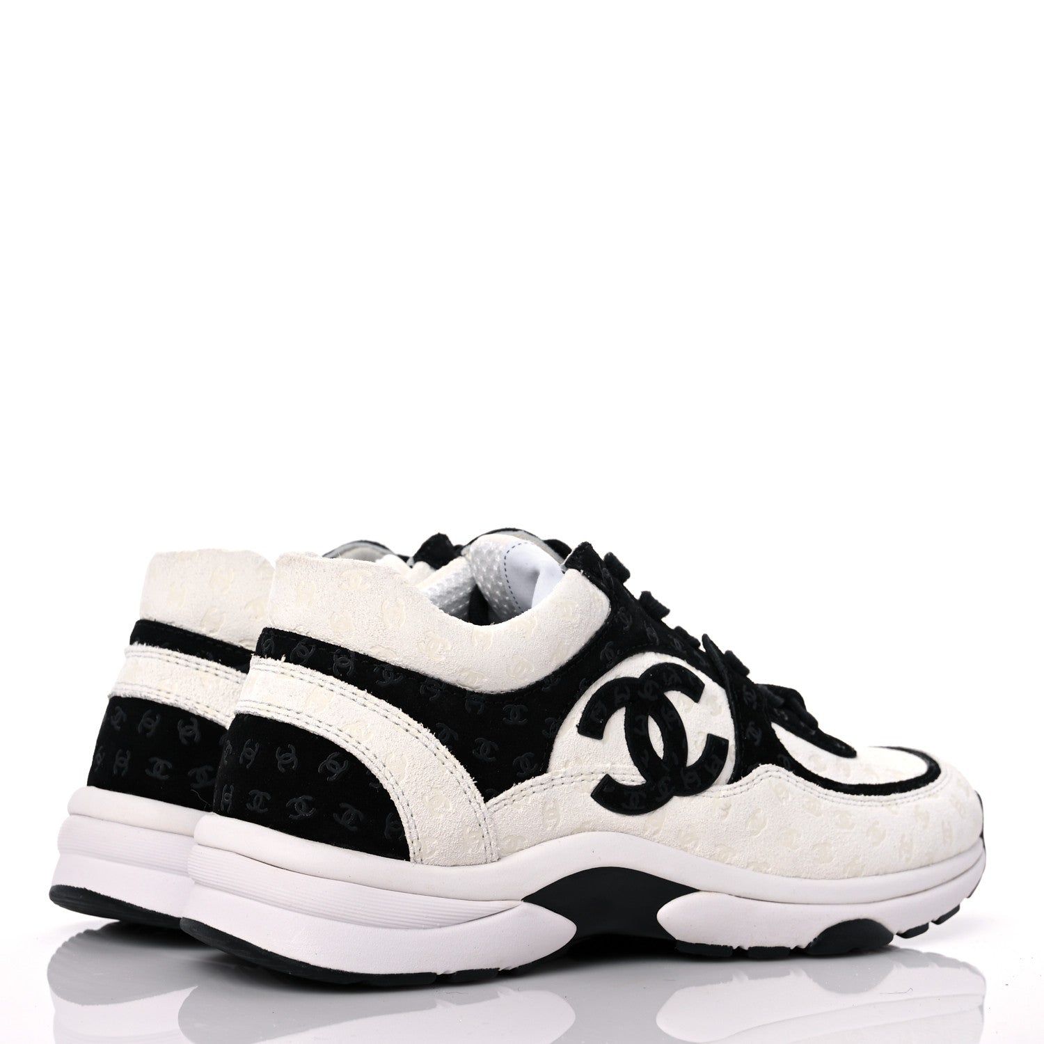 Chanel Suede Calfskin Womens CC Printed Sneakers 37.5 White Black 4 of 9