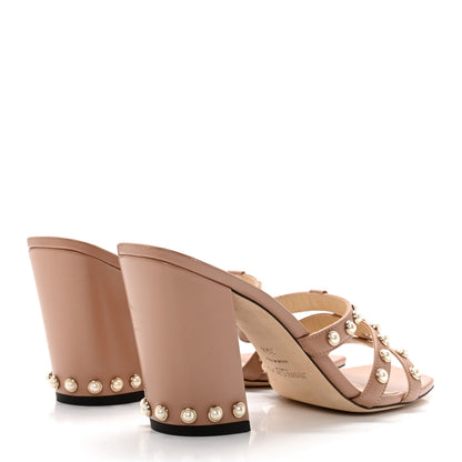 Jimmy Choo Calfskin Pearl Embellished Hazal 85 Mule Sandals 39.5 Ballet Pink 4 of 11