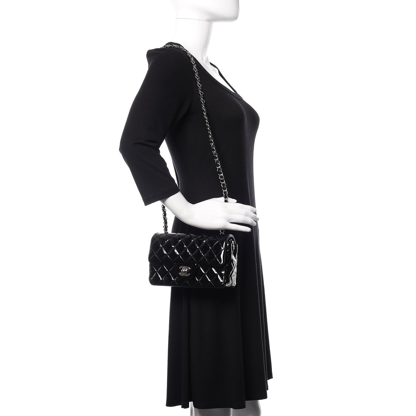Patent Calfskin Quilted Mini Rectangular Flap Black