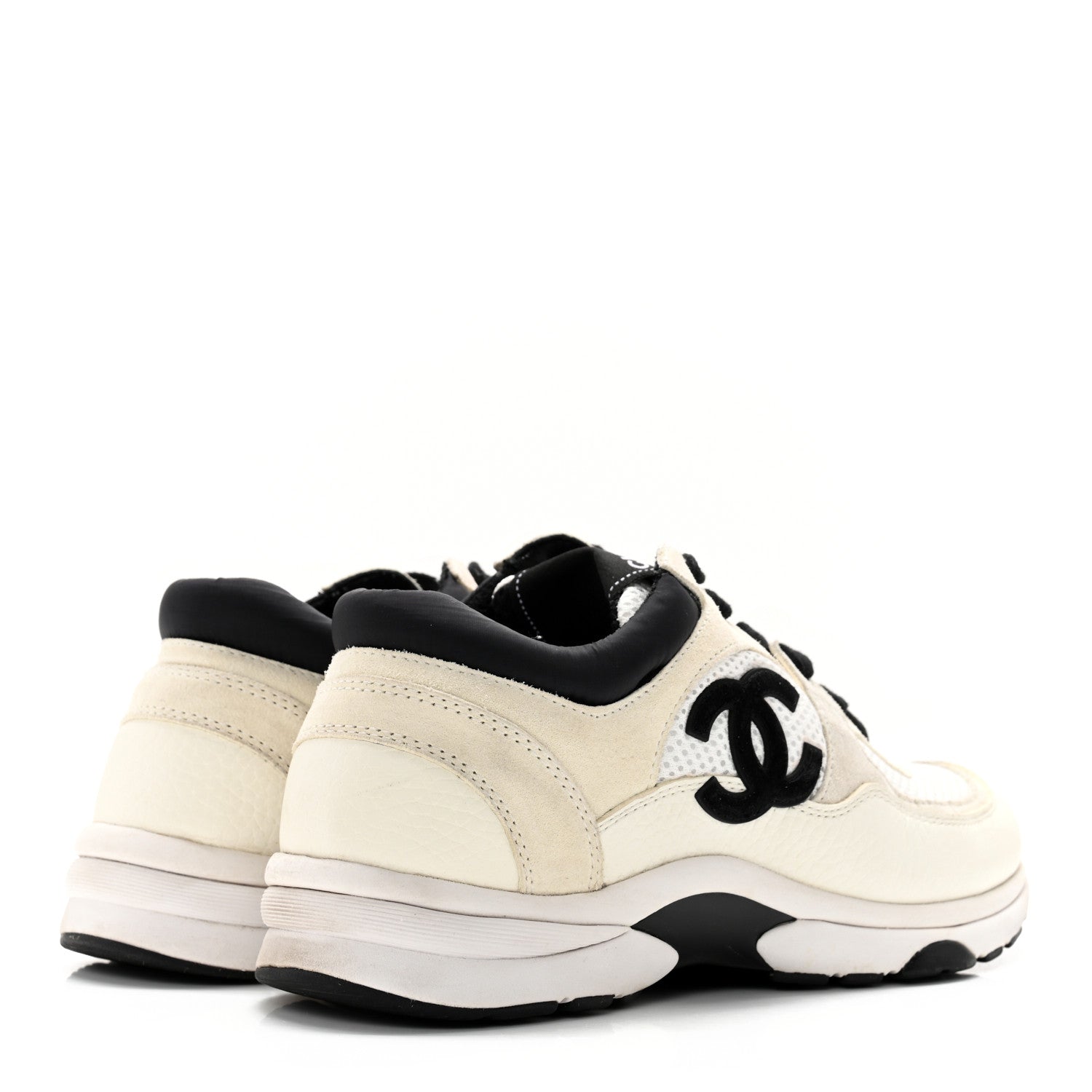 Chanel Mesh Suede Grained Calfskin Womens CC Sneakers 37.5 White Black 3 of 18