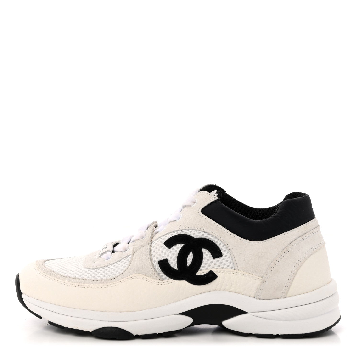 Chanel Mesh Suede Calfskin Grained Calfskin Womens CC Sneakers 39 White Black 1 of 12