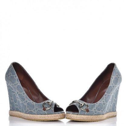 Gucci Denim Monogram Horsebit Open Toe Espadrille Wedges 39.5 Blue 6 of 15