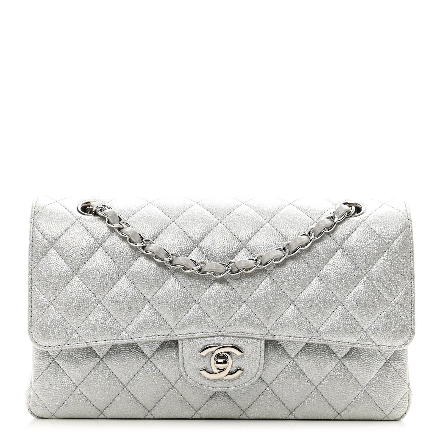 Glittered Metallic Caviar Quilted Medium Double Flap Silver