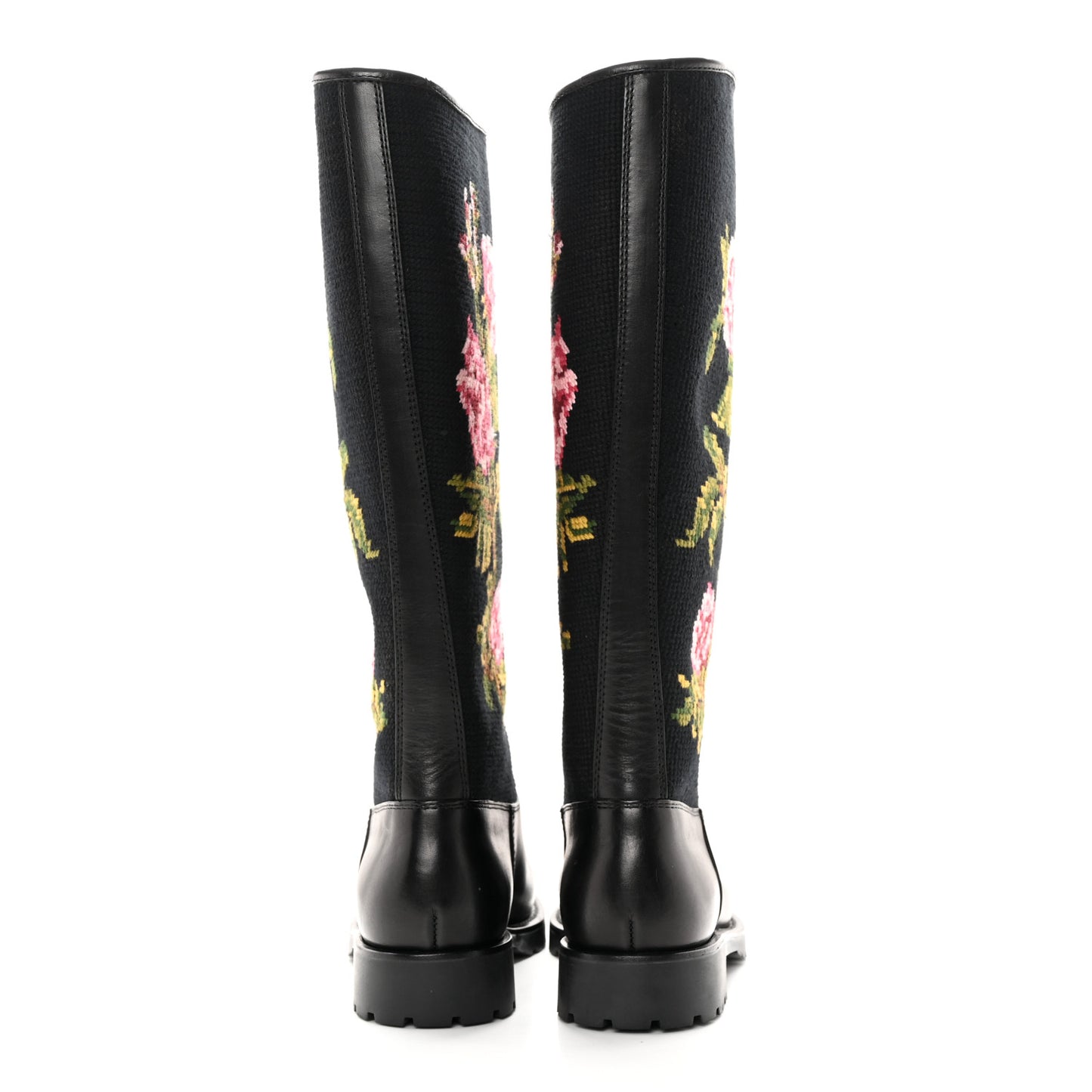 Calfskin Woven Wool Embroidered Knee High Boots 37 Black