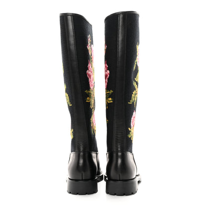 Saint Laurent Calfskin Woven Wool Embroidered Knee High Boots 37 Black 5 of 18