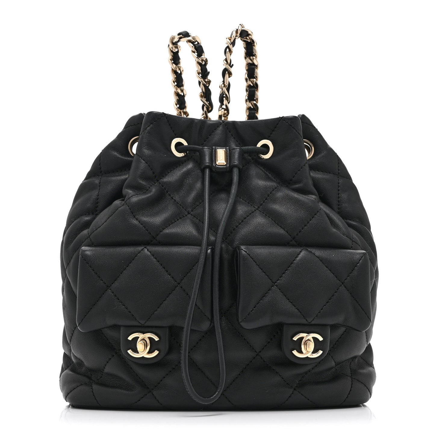 Lambskin Quilted Double Pocket Drawstring Backpack Black