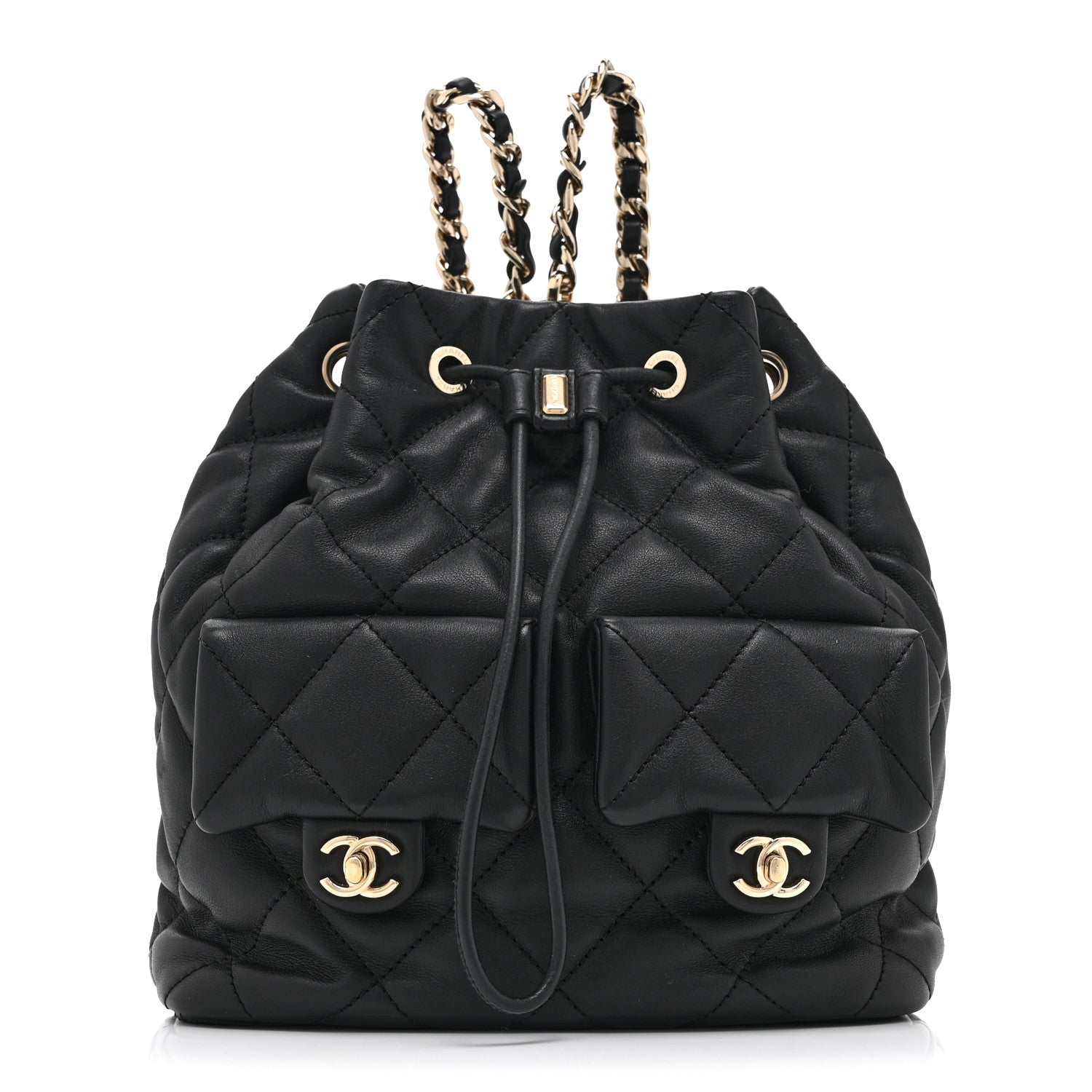 Chanel Lambskin Quilted Double Pocket Drawstring Backpack Black 1 of 10
