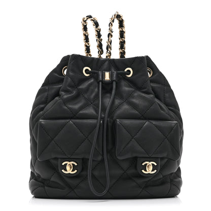 Chanel Lambskin Quilted Double Pocket Drawstring Backpack Black 1 of 10