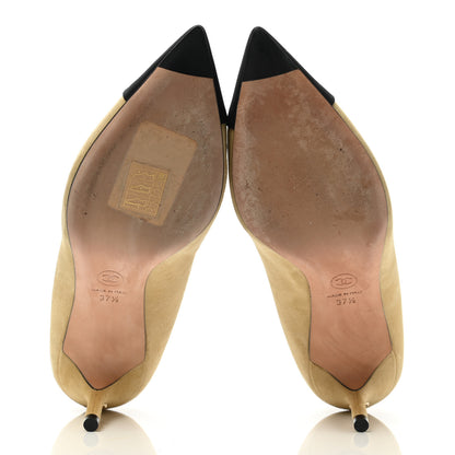 Chanel Kid Suede Grosgrain Cap Toe Pumps 37.5 Beige Black 5 of 8