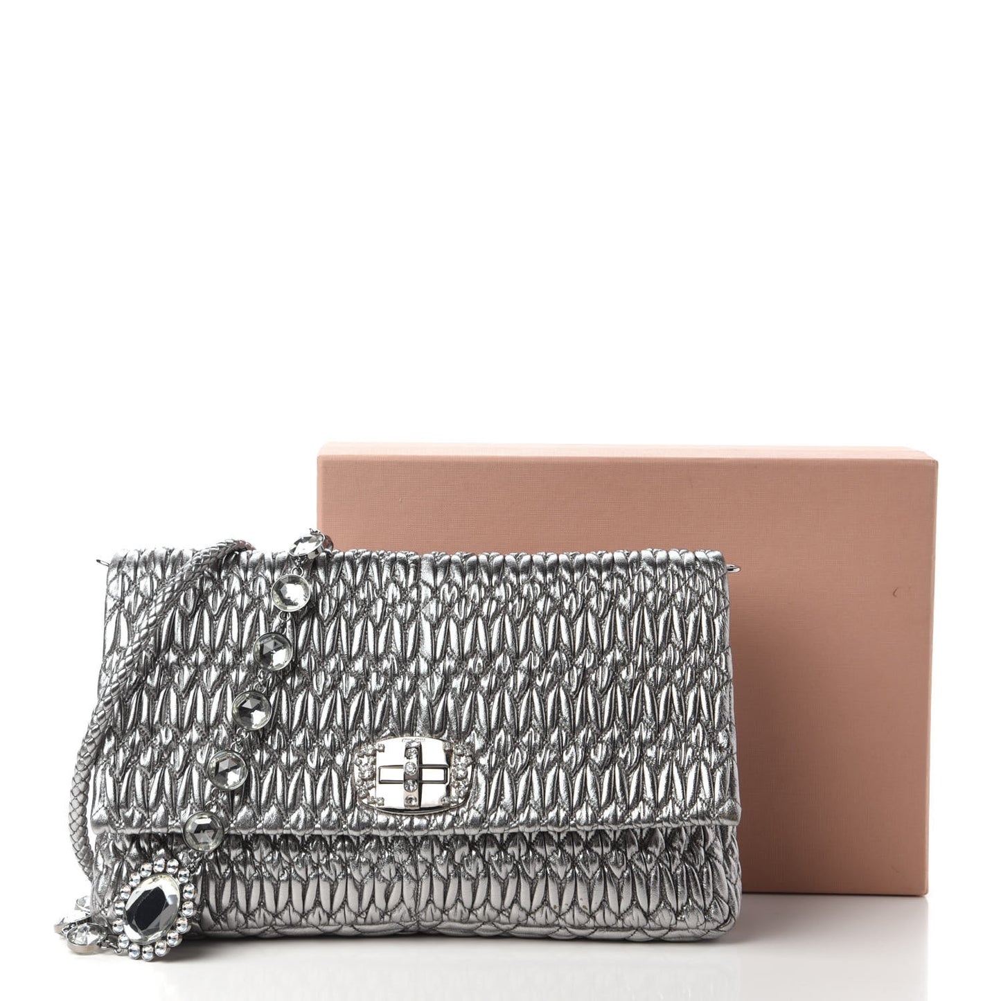 Metallic Nappa Matelasse Crystal Flap Clutch Cromo