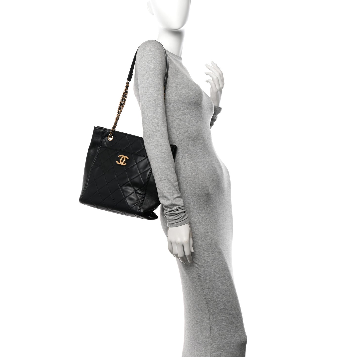 Calfskin Quilted CC Front Pocket Shopping Tote Black