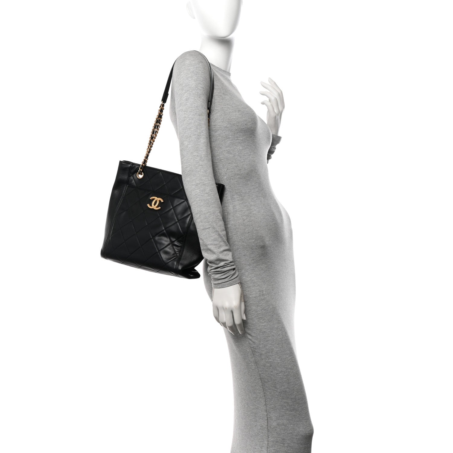 Chanel Calfskin Quilted CC Front Pocket Shopping Tote Black 2 of 10