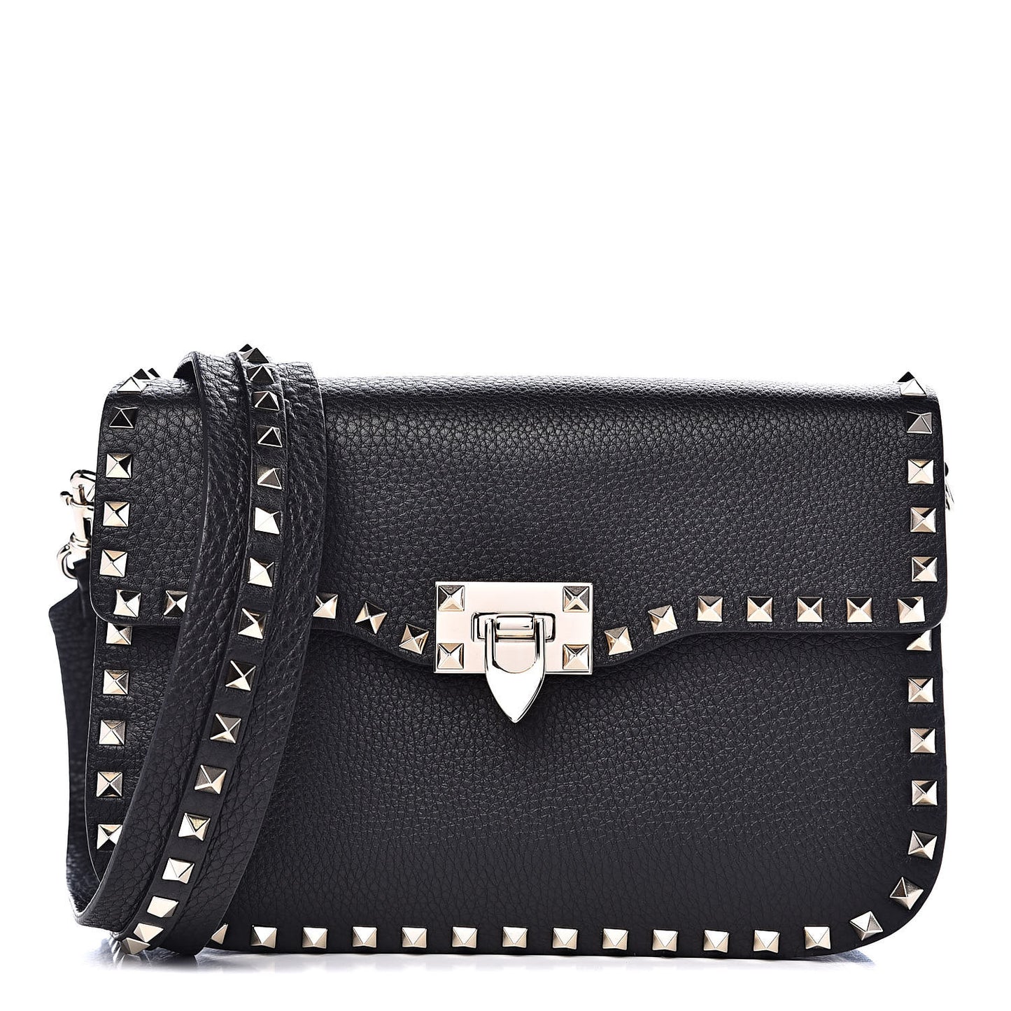 Pebbled Calfskin Medium Rockstud Flap Saddle Bag Black