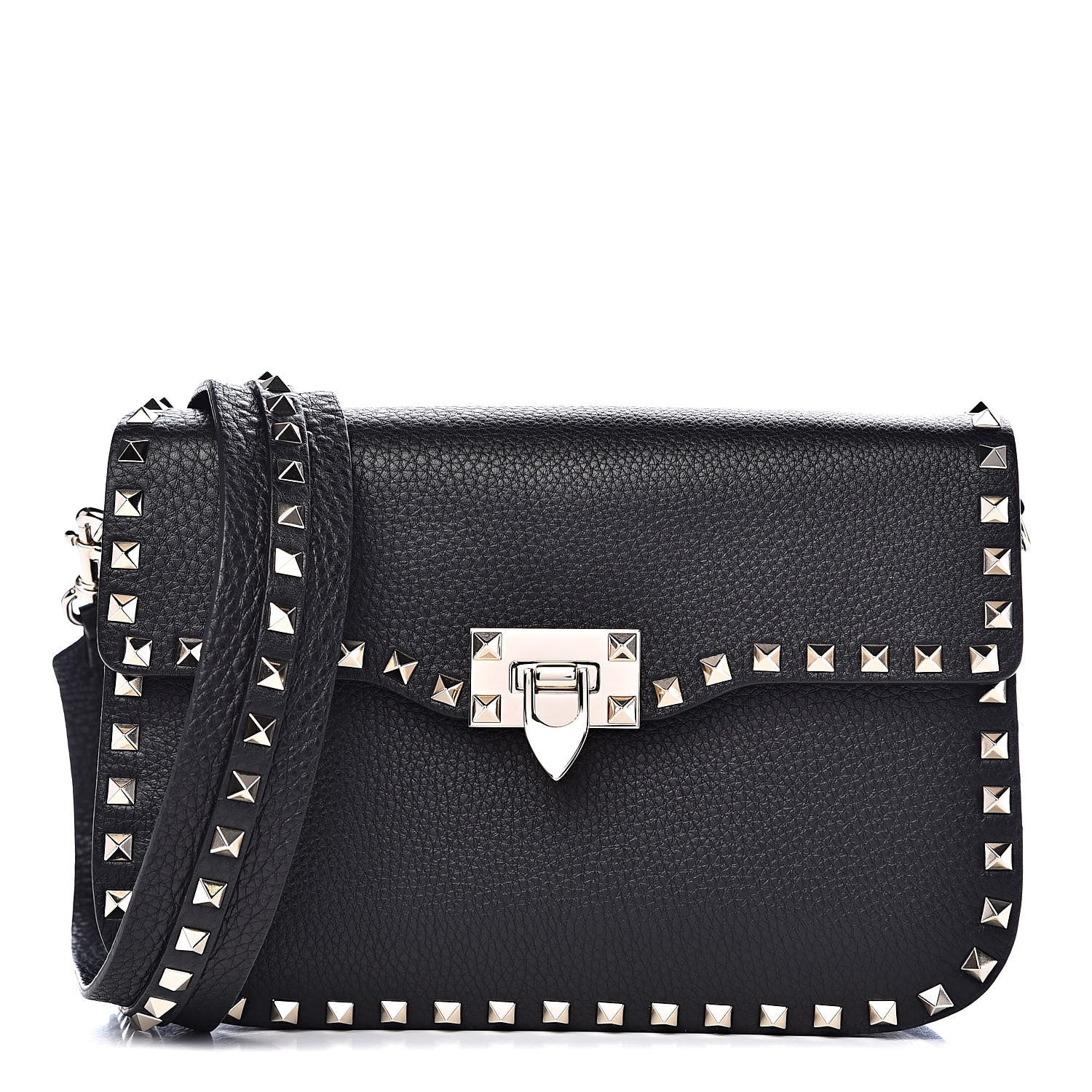 Valentino Garavani Pebbled Calfskin Medium Rockstud Flap Saddle Bag Black 1 of 9