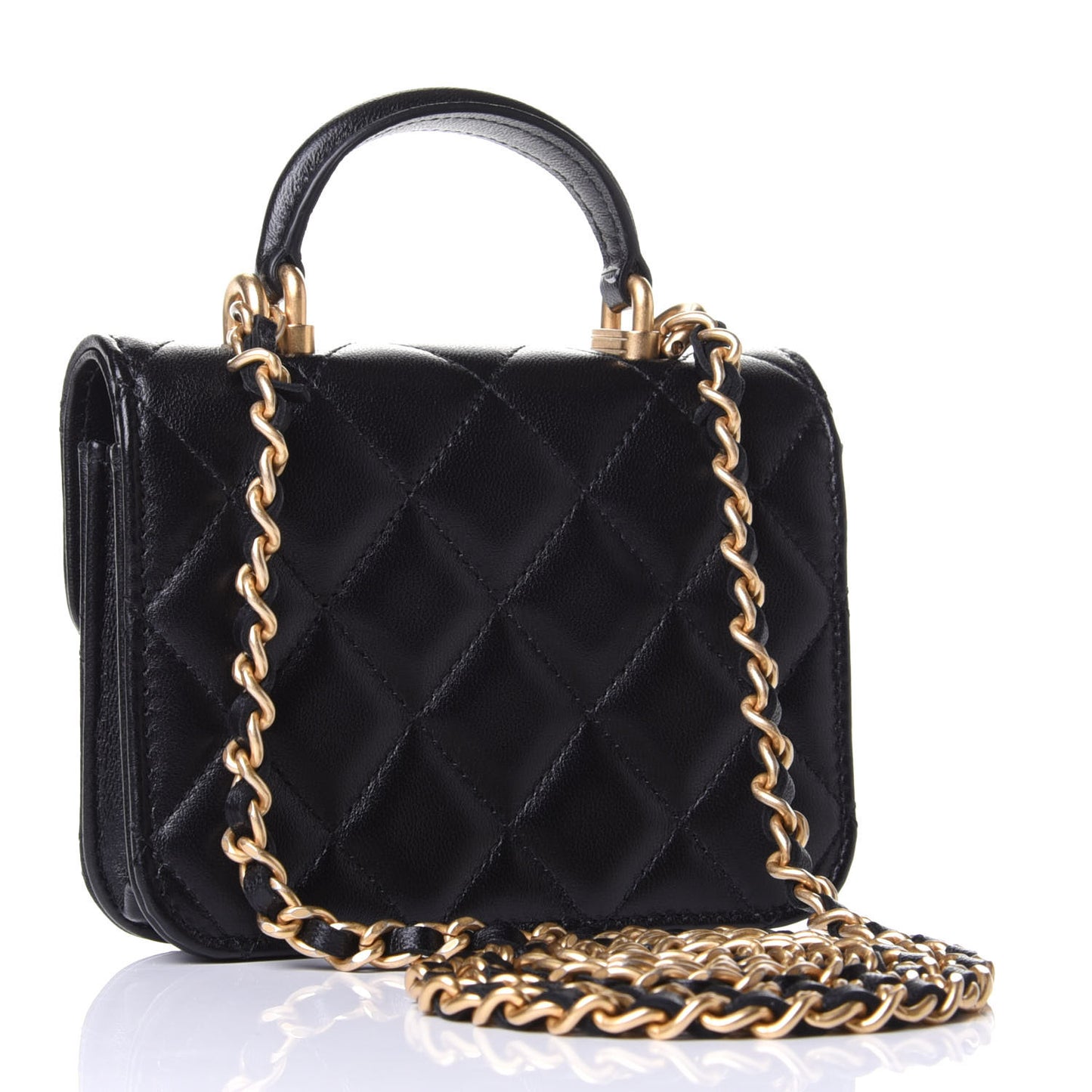 Lambskin Quilted Top Handle Flap Coin Purse With Chain Black