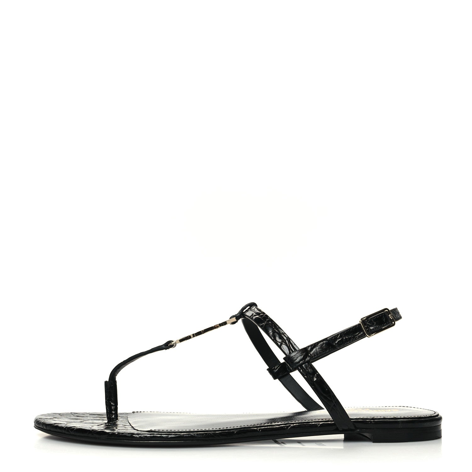 Saint Laurent Calfskin Crocodile Embossed Cassandra Monogram Sandals 38.5 Black 1 of 9