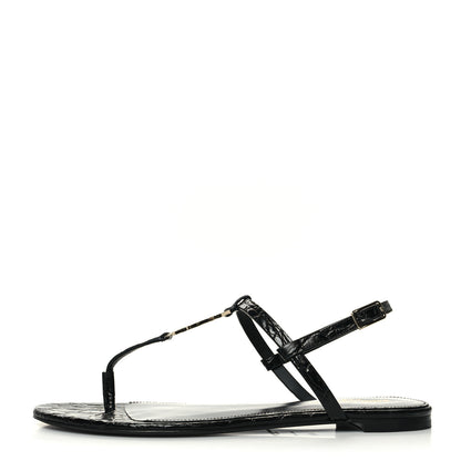 Saint Laurent Calfskin Crocodile Embossed Cassandra Monogram Sandals 38.5 Black 1 of 9