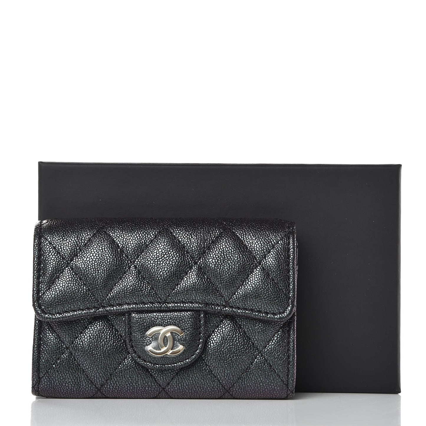 Iridescent Caviar Quilted Flap Card Holder Black