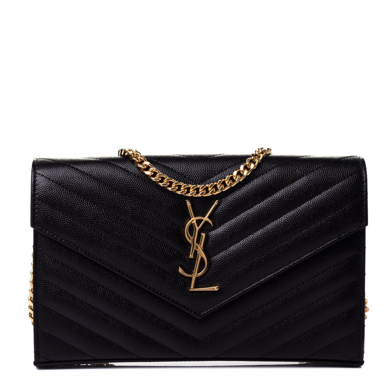 Saint Laurent Grain De Poudre Matelasse Chevron Monogram Chain Wallet Black 1 of 4