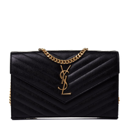 Saint Laurent Grain De Poudre Matelasse Chevron Monogram Chain Wallet Black 1 of 4