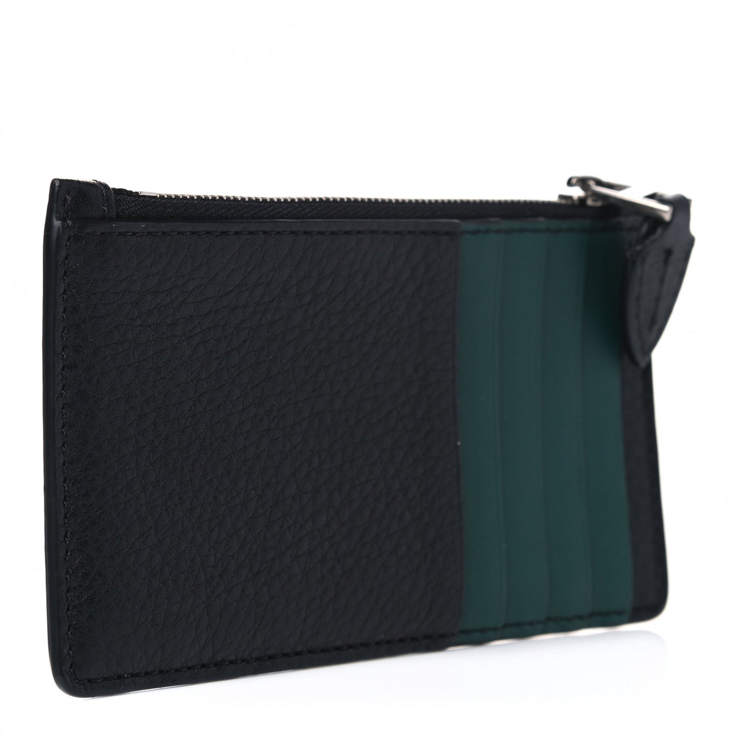 Grainy Calfskin Zip Card Case Black Dark Bottle Green