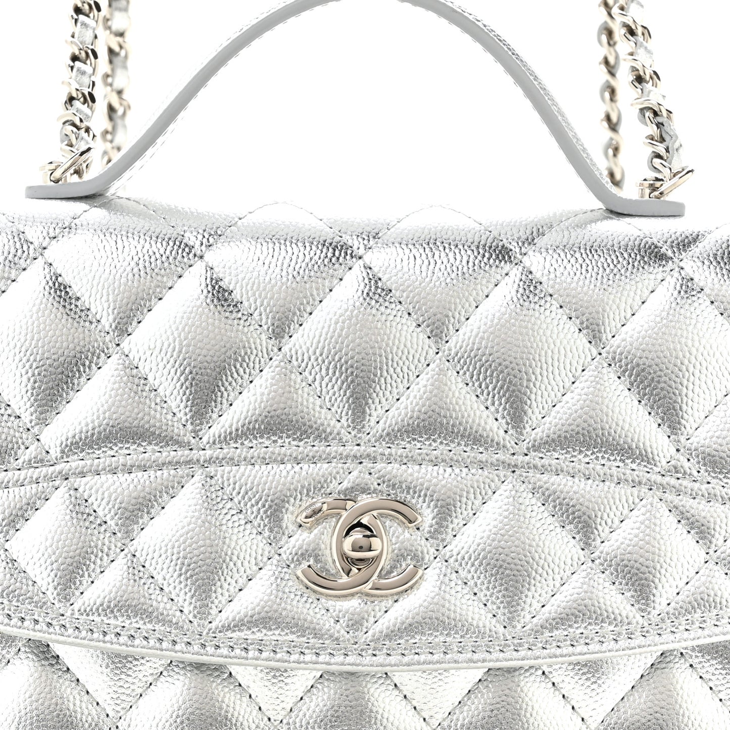Metallic Caviar Quilted Top Handle Wallet on Chain WOC Silver