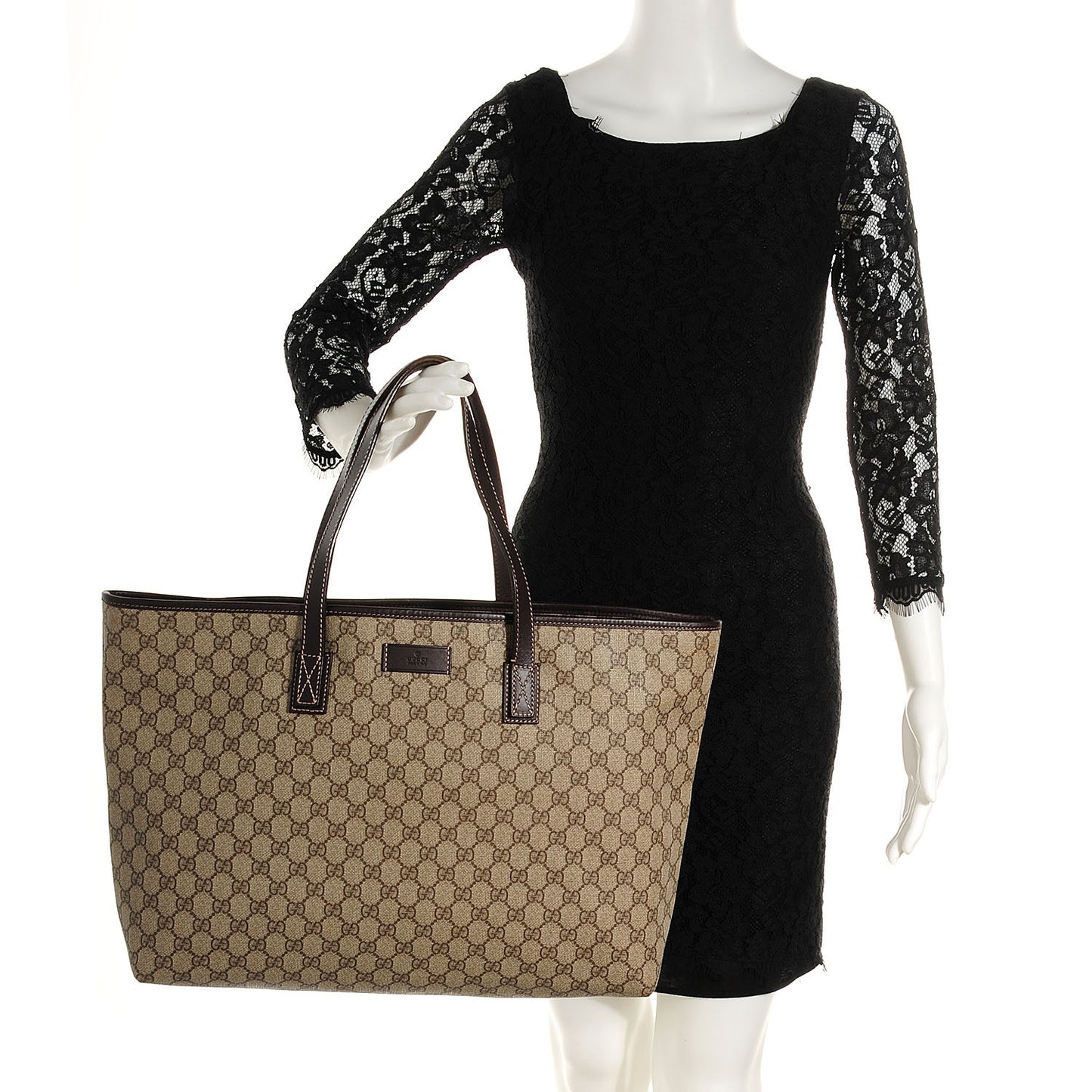 GG Supreme Monogram Large Zippered Shopping Tote Dark Brown