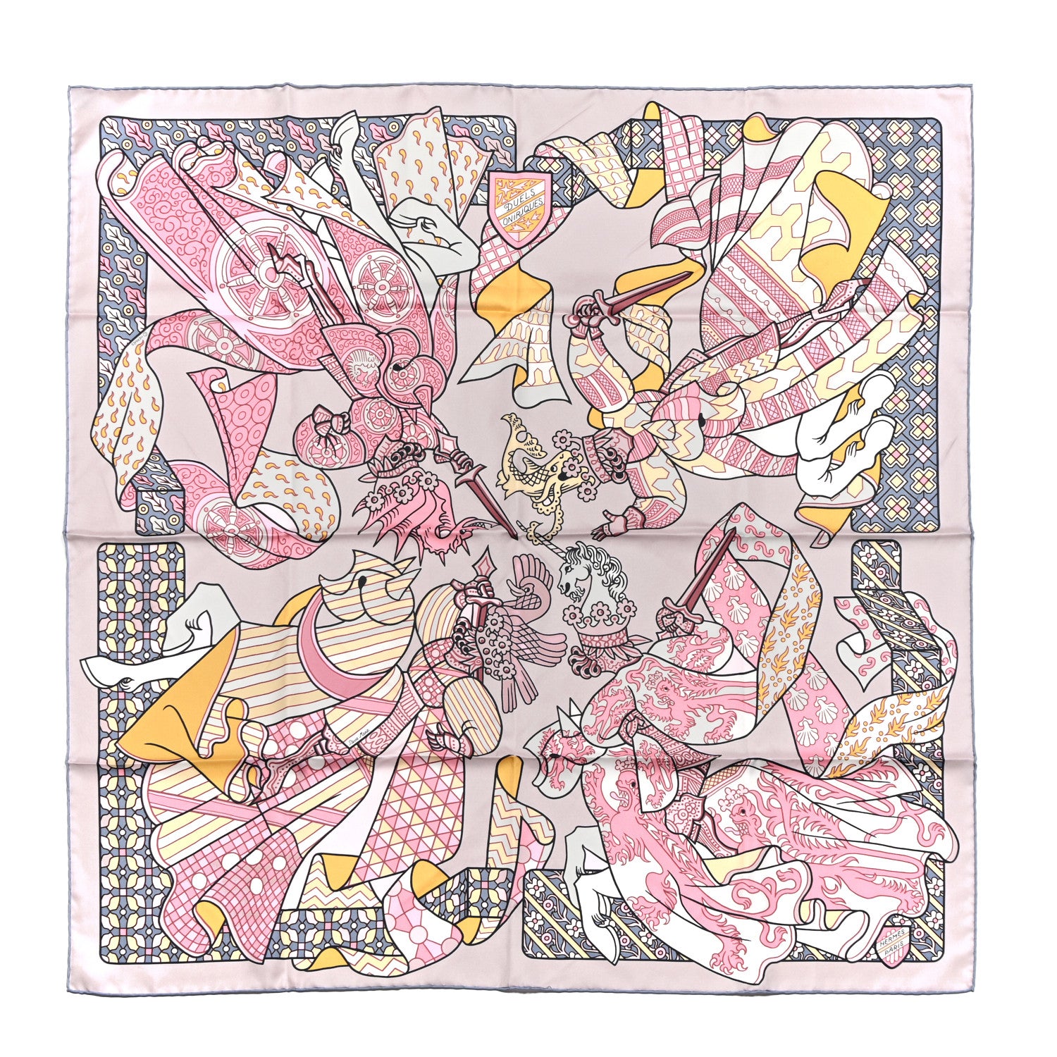 Hermes Silk Carre Duels Oniriques Scarf 90 Rose Pale Gris Jaune 1 of 6