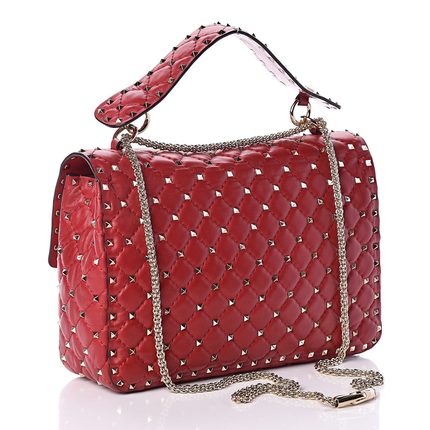 Lambskin Large Rockstud Spike Shoulder Bag Red