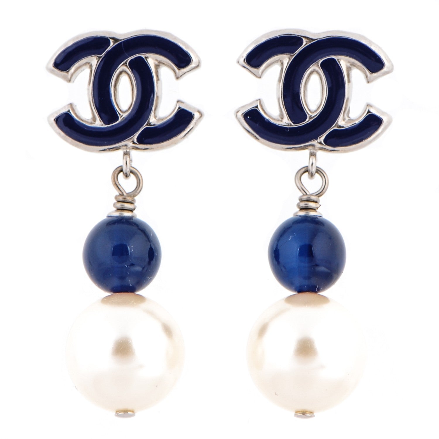 Chanel Enamel CC Pearl Dangle Earrings Navy Silver 1 of 4