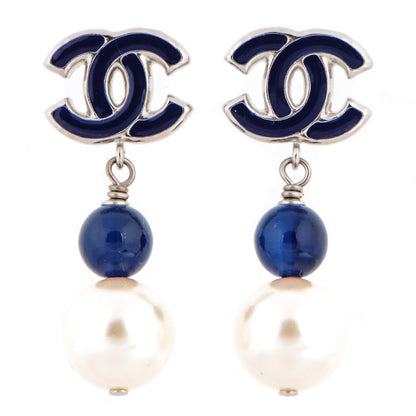 Chanel Enamel CC Pearl Dangle Earrings Navy Silver 1 of 4