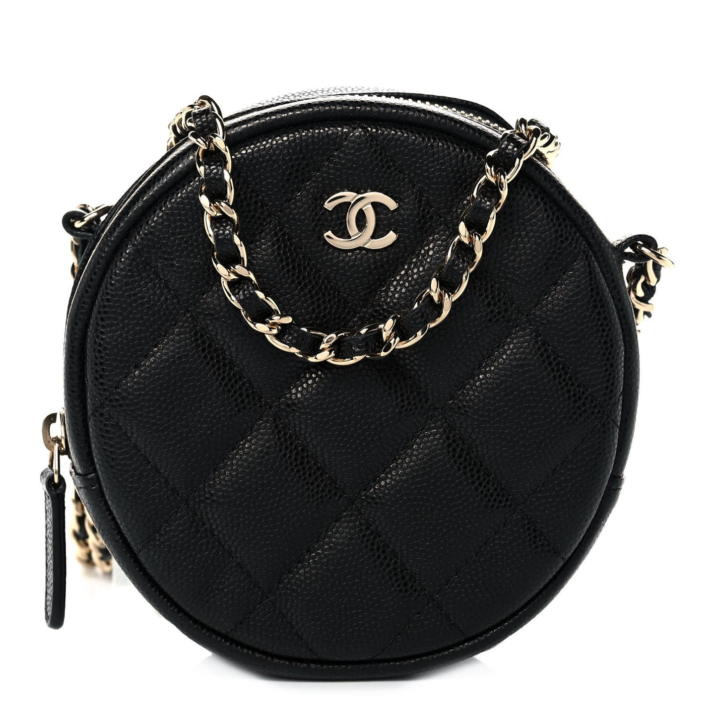 Caviar Quilted Round Clutch With Chain Black