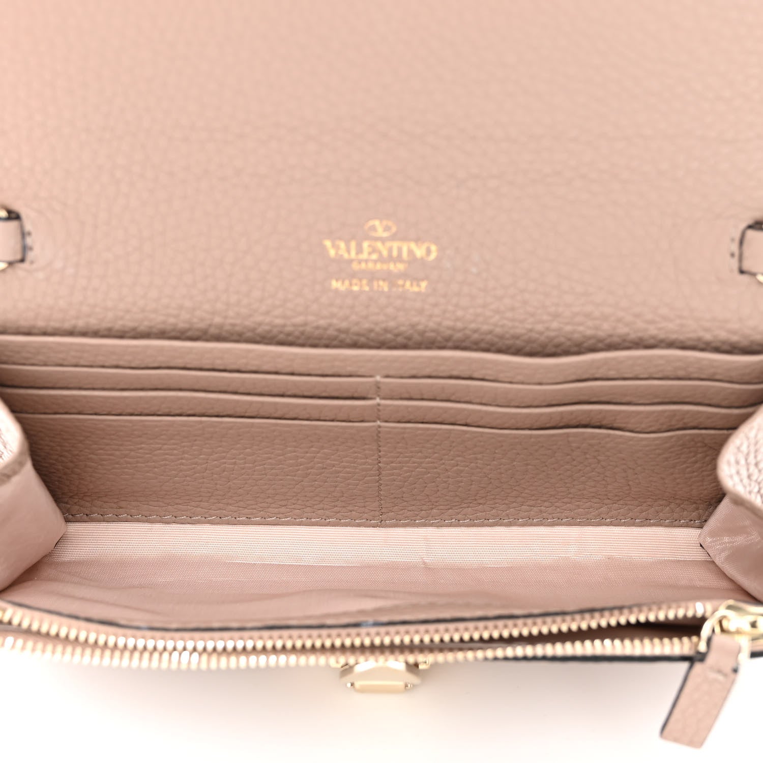 Valentino Garavani Pebbled Calfskin Rockstud Flip Lock Wallet On Chain Poudre 5 of 9