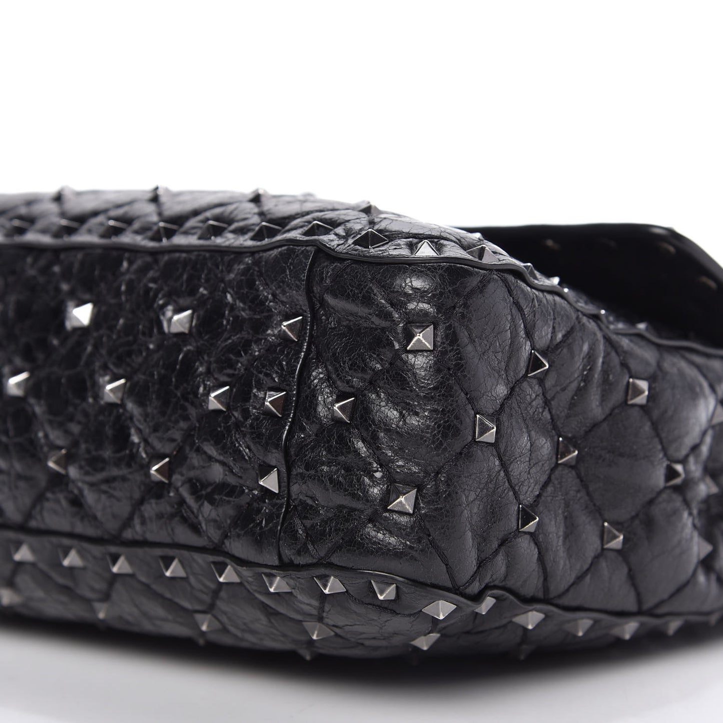 Craquele Nappa Medium Rockstud Spike Shoulder Bag Black