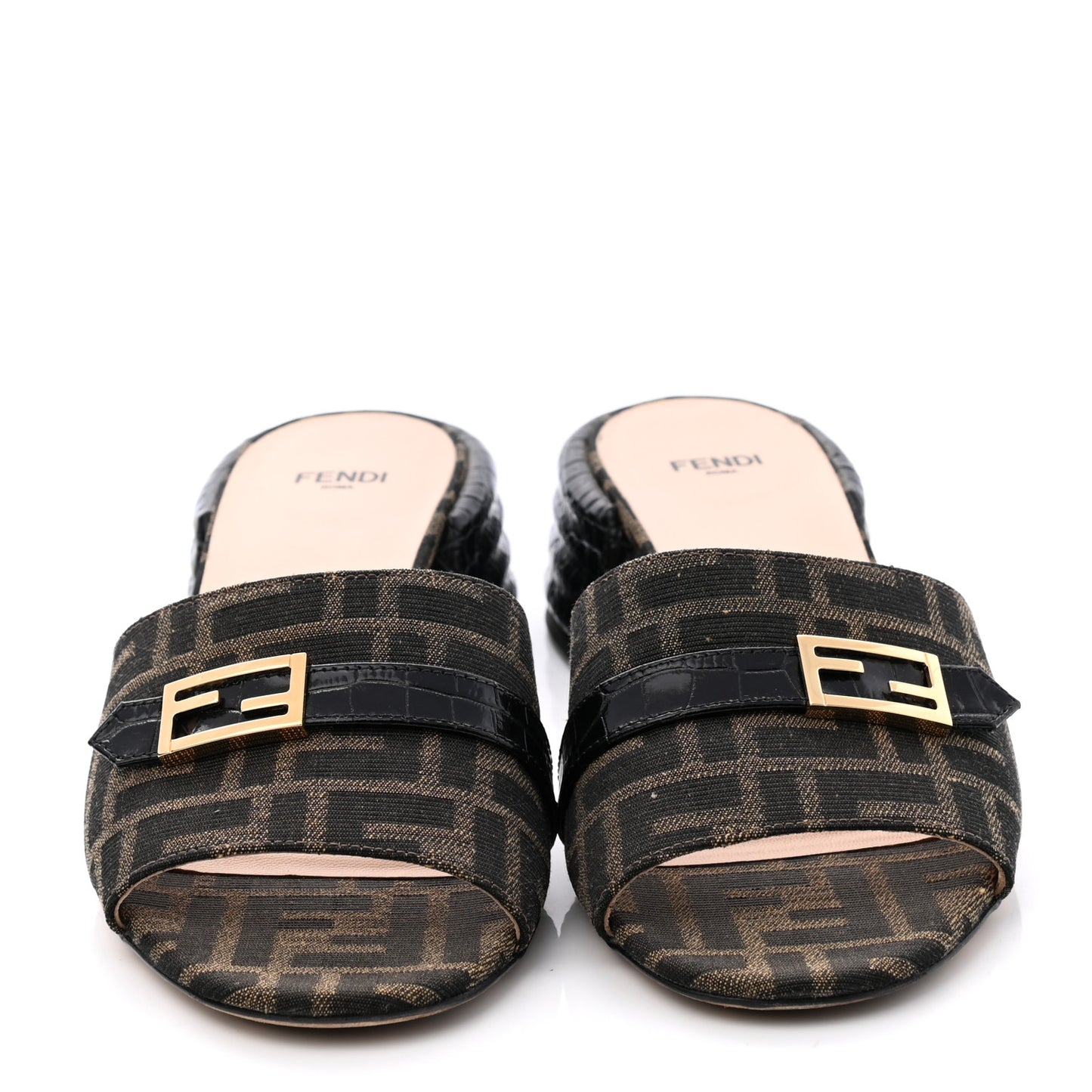 Jacquard Calfskin FF Crocodile Embossed Promenade Slide Sandals 40 Tobacco Moro Black