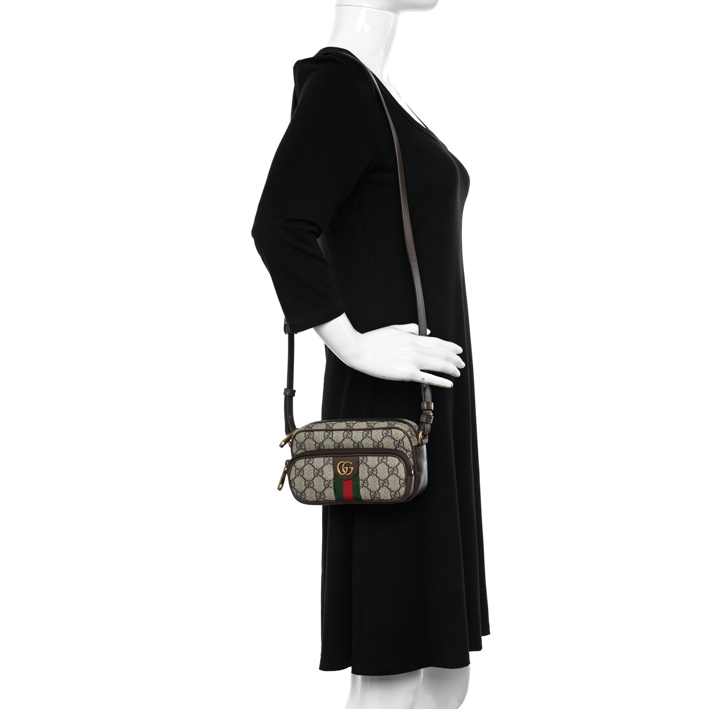 GG Supreme Monogram Textured Dollar Calfskin Web Mini Ophidia Convertible Shoulder Bag Beige Ebony New Acero
