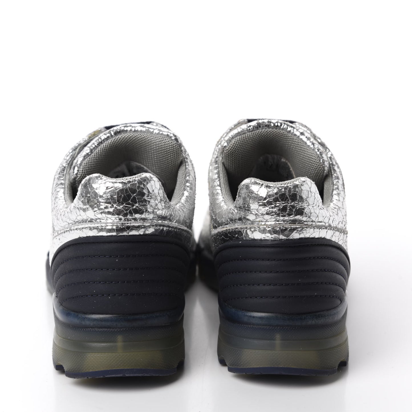 Metallic Crackled Calfskin CC Sneakers 36.5 Silver Black Navy