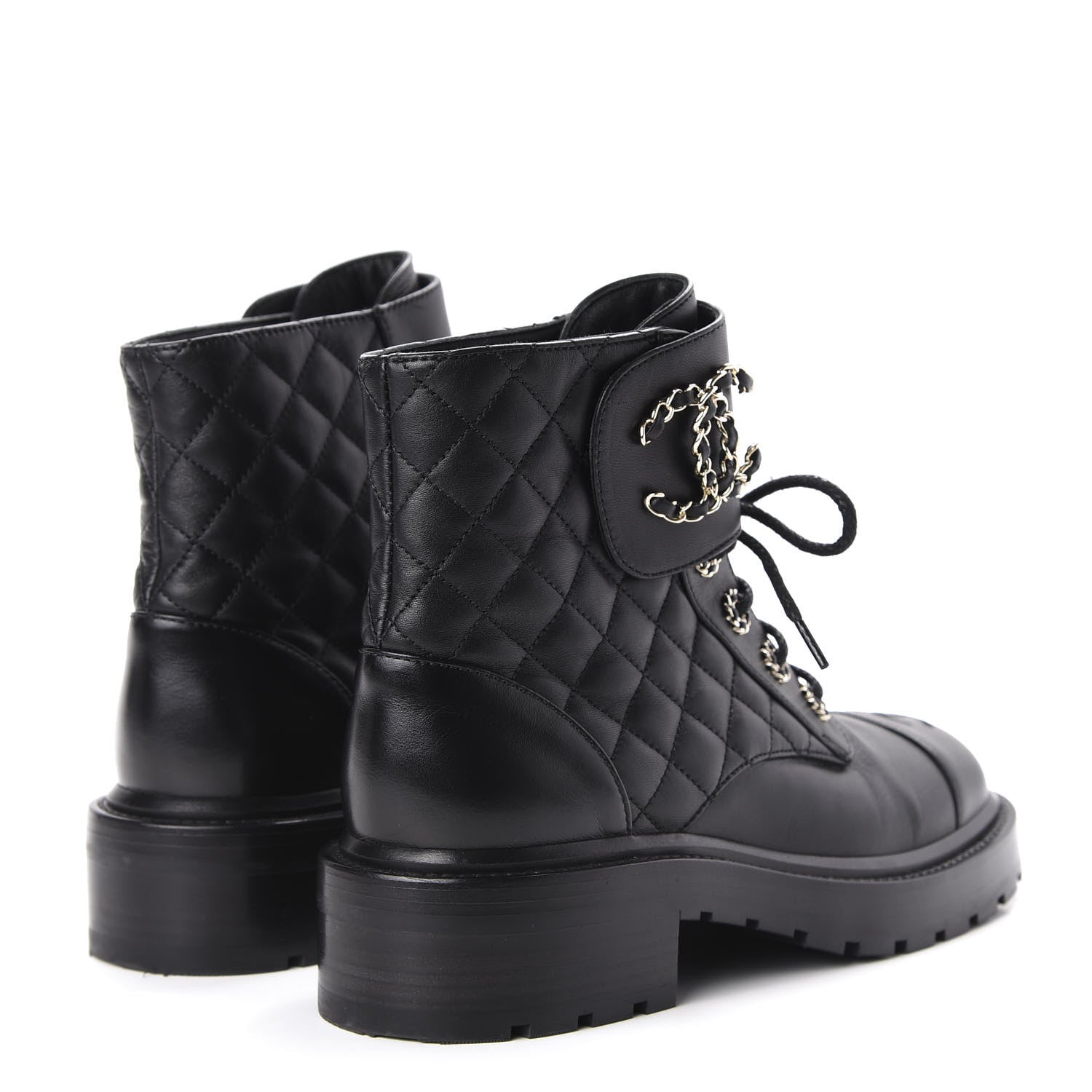 Chanel Lambskin Calfskin Quilted Lace Up Combat Boots 37.5 Black 4 of 9