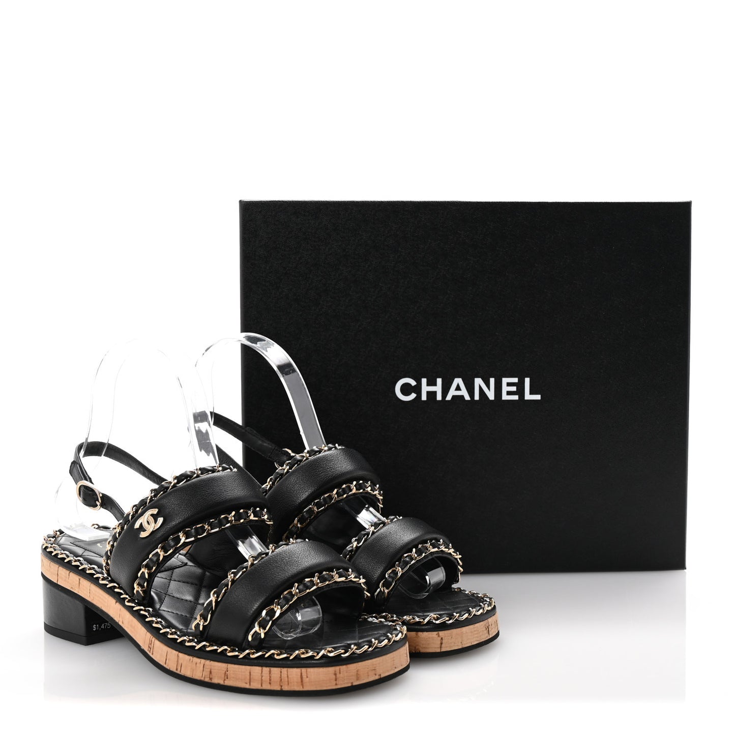 Lambskin Cork Chain Sandals 36 Black